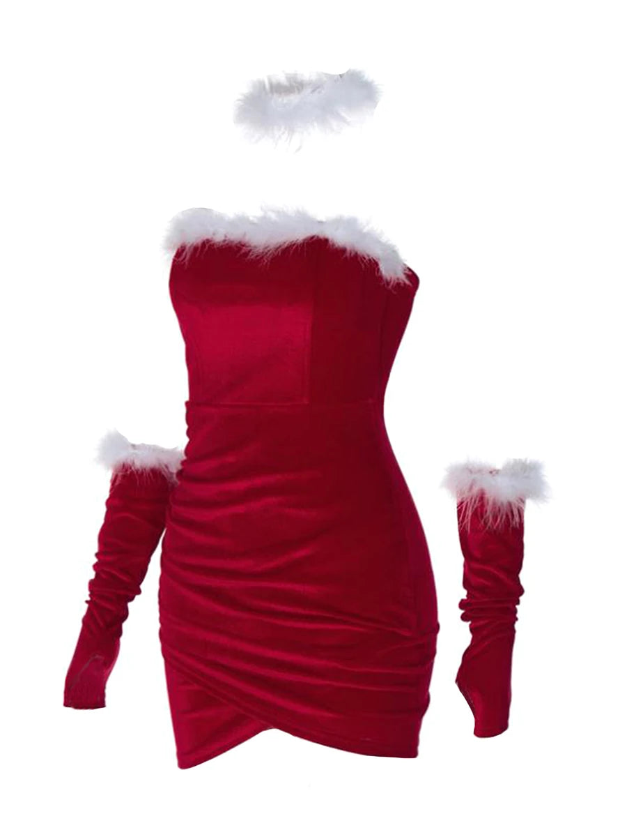 Women Christmas Red Lingerie Plush Patchwork Strapless Tube Dress Christmas Party Cosplay Costume with Arm Sleeve and Choker