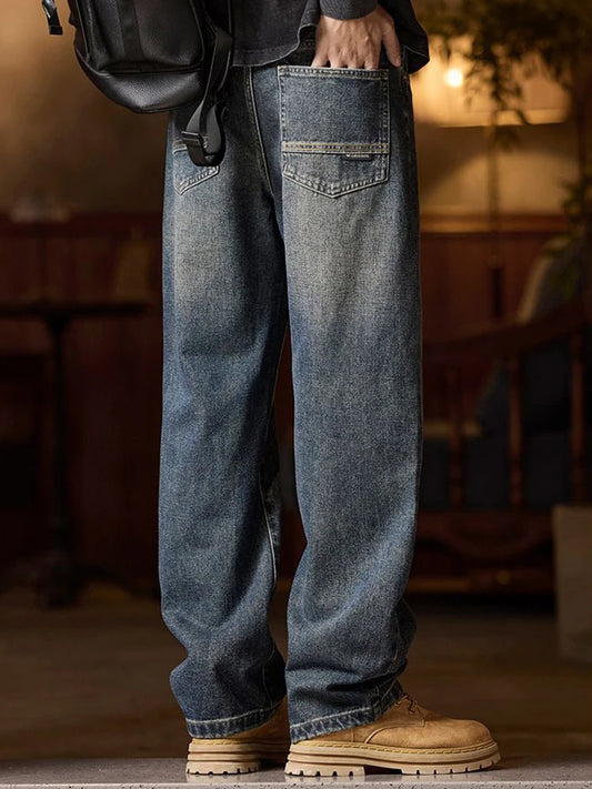 American Men's Y2K Retro Blue Denim Jeans Autumn Spring Relaxed Fit Korean Streetwear Casual Wide-leg Pants with Spliced Pockets