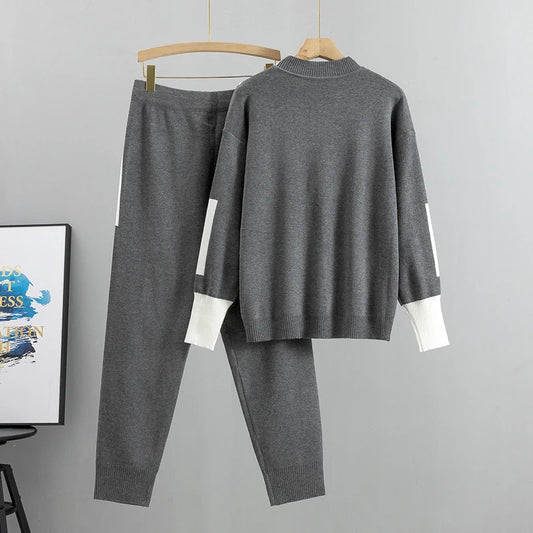 2025 Autumn Runway 2 Pieces Set Knitted Long Sleeve Pullovers Sweater Casual Patchwork Fashion Women Tops and Pants Suits Spring