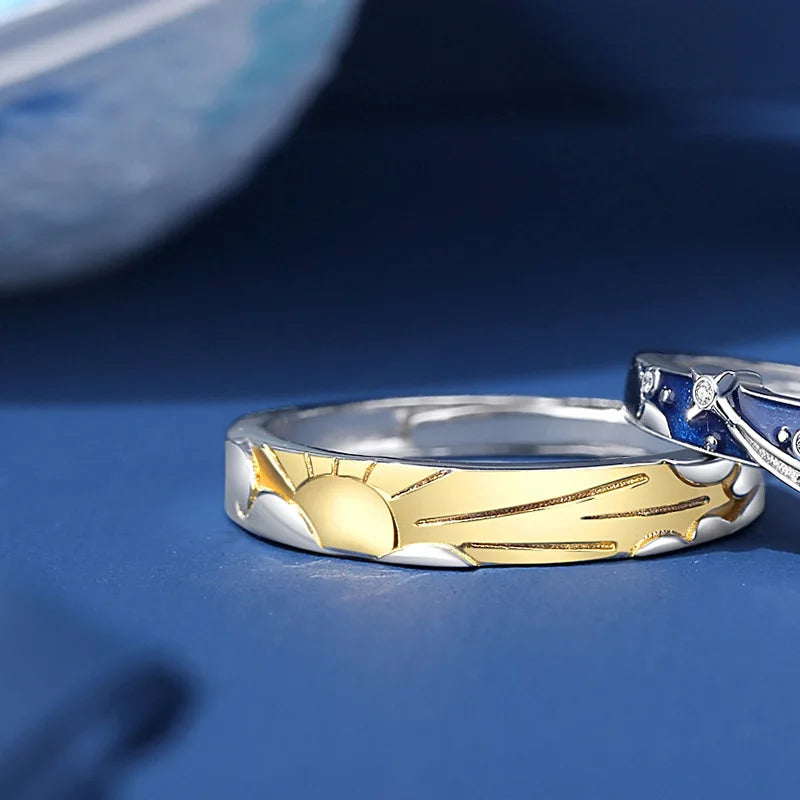 European S925 Sterling Silver AAA CZ Sun And Stars Couple Open Ring For Women Men Birthday Wedding Valentine's Day Jewelry