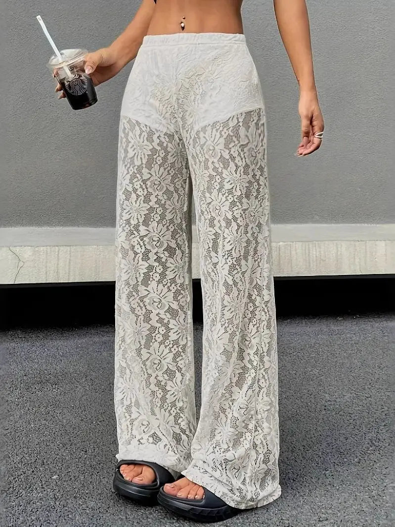 2025 New Fashionable and Sexy Versatile Waist Collection Lace Jacquard Micro Transparent Straight Leg Casual Pants Long Pants