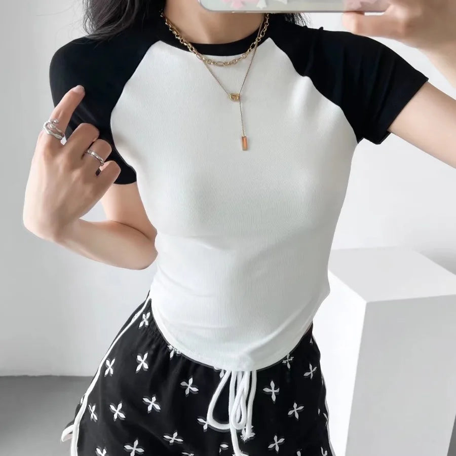 W3243 Hot Selling Summer Short Sleeve Round Neck Crop Top Slim Fit Short Basic Shirt Women Breathable Sweat Clothing