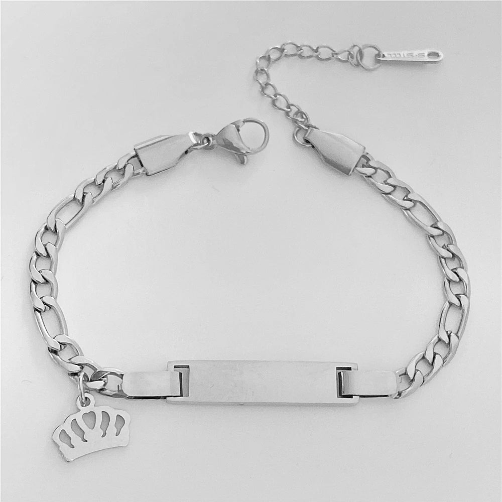 Custom Personalized Name Baby ID Bracelet, Stainless Steel Curb Chain Link Crown Bracelet Newborn Gilrs Boy Gifts Not Allergic
