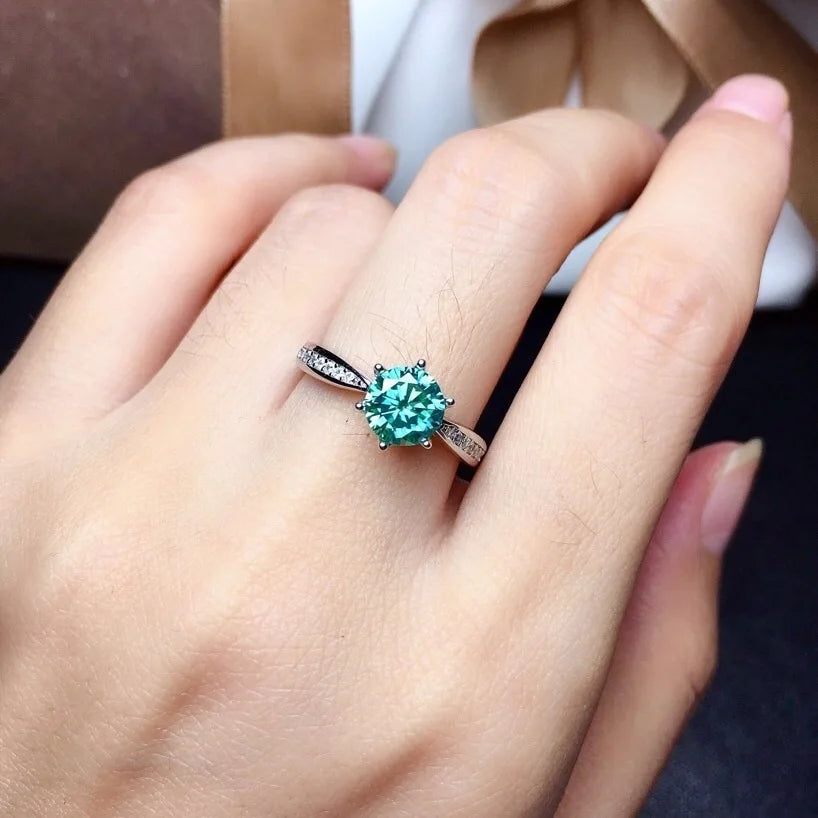 Green blue Solitaire Ring for Women Solid 925 Sterling Silver Rings Round Moissanite Diamond for Wedding Engagement Fine Jewelry