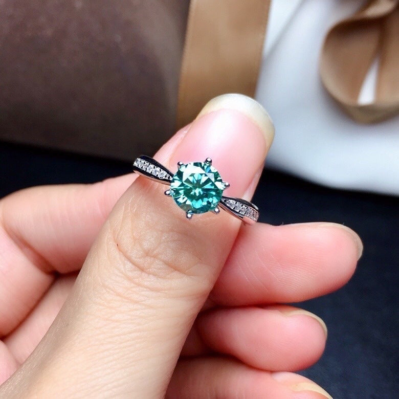 Green blue Solitaire Ring for Women Solid 925 Sterling Silver Rings Round Moissanite Diamond for Wedding Engagement Fine Jewelry