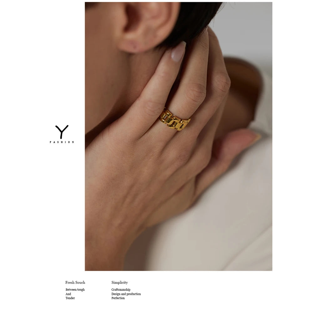 Yhpup Stainless Steel Jewelry Charm Metal Golden Chain Ring for Women High Quality 18 K Rope bague acier inoxydable Waterproof