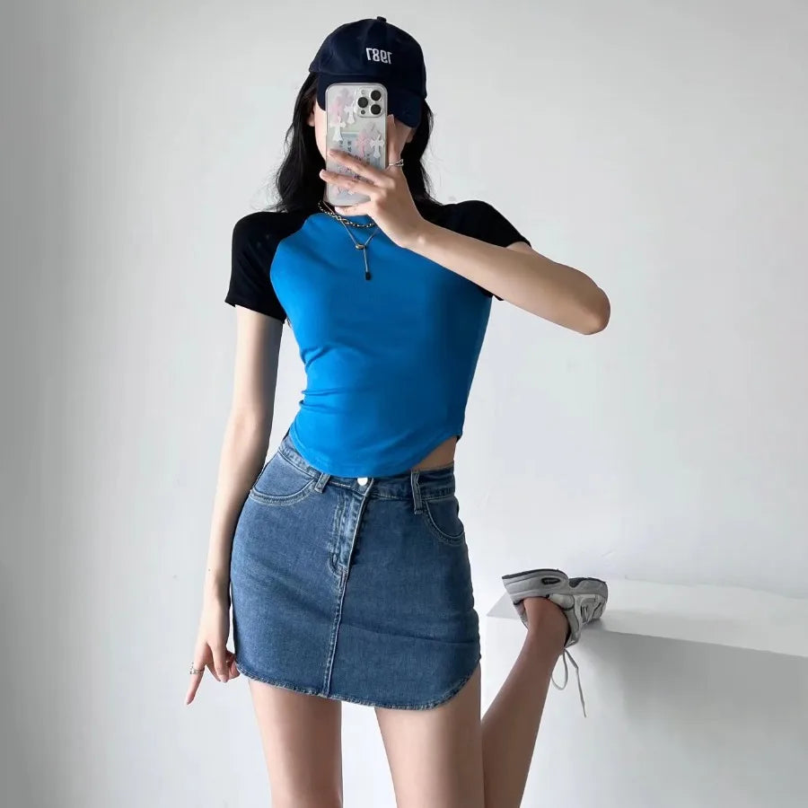 W3243 Hot Selling Summer Short Sleeve Round Neck Crop Top Slim Fit Short Basic Shirt Women Breathable Sweat Clothing