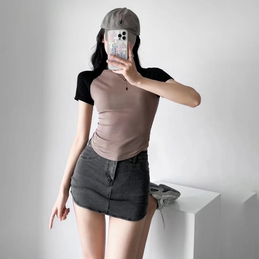 W3243 Hot Selling Summer Short Sleeve Round Neck Crop Top Slim Fit Short Basic Shirt Women Breathable Sweat Clothing