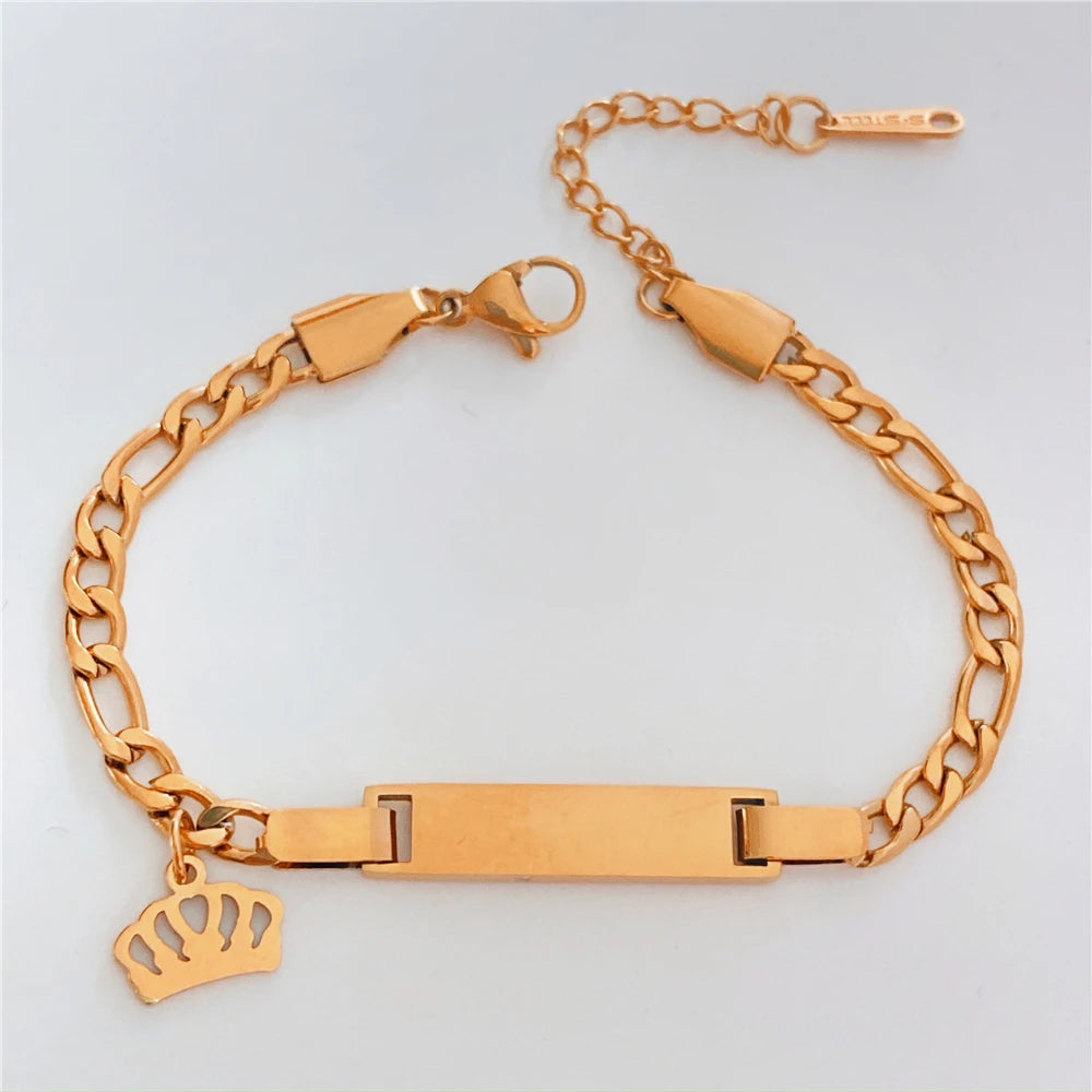 Custom Personalized Name Baby ID Bracelet, Stainless Steel Curb Chain Link Crown Bracelet Newborn Gilrs Boy Gifts Not Allergic