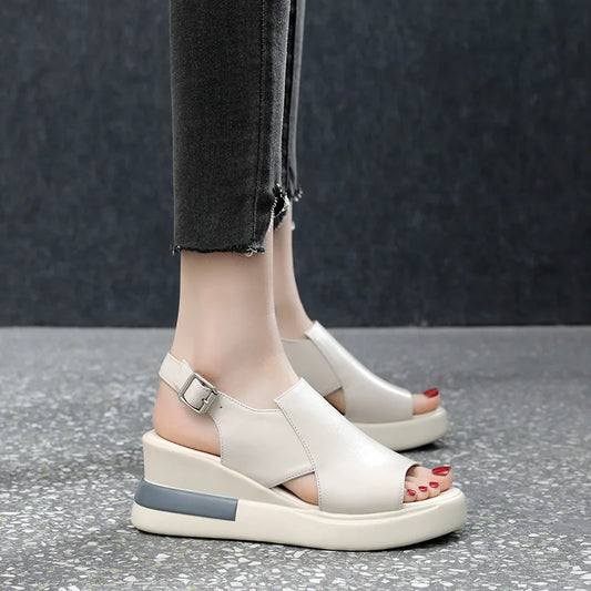 2023 Women's Platform Wedge Sandals New Summer High-heeled Fish Mouth Women's Shoes Soft Leather Heightened Platform Shoes