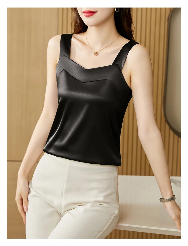 Woman T-shirts Elegant SILK Satin Blouse Sleeveless Female Summer 2025 Casual Loose Tanks and Camis Solid Green Tops for Women