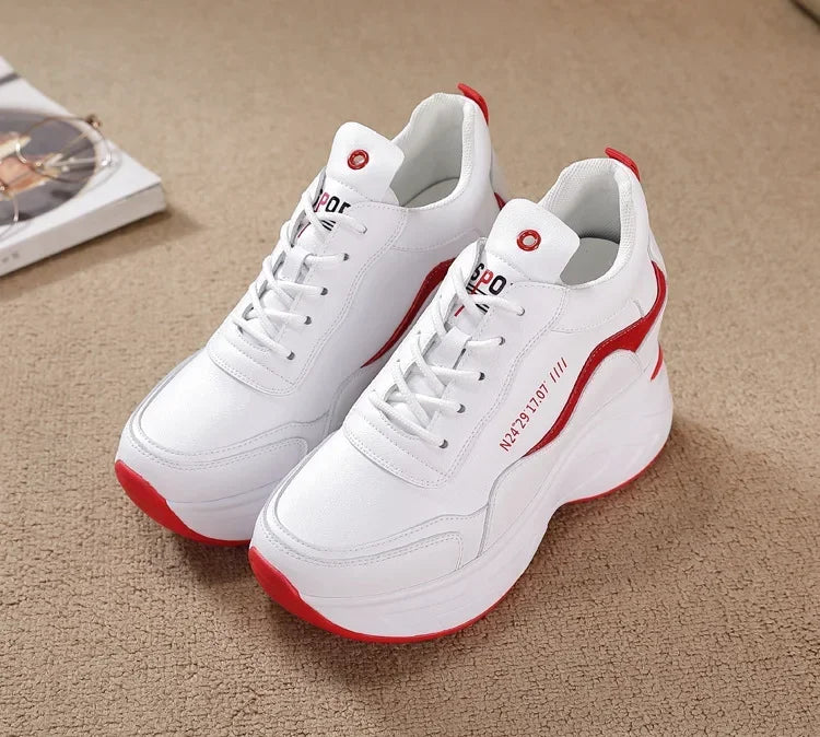 2025 New High Heels Wedge Outdoor Sport Spring White Shoes Breathable Casual Shoe Women Leather Platform Sneakers Red