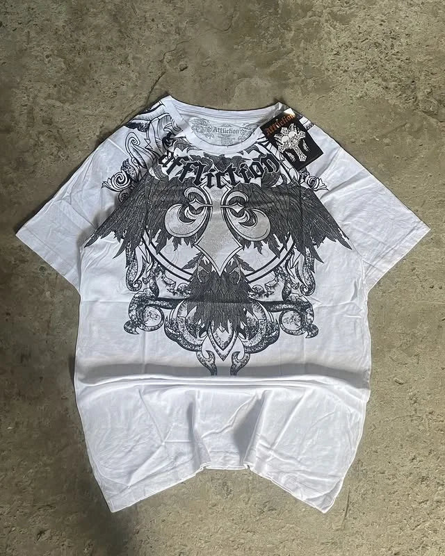 Affliction Men's Skull Graphic T-shirt Vintage American Style Distressed Print Rock Tee High Street Hip-Hop Cotton Couple Tops