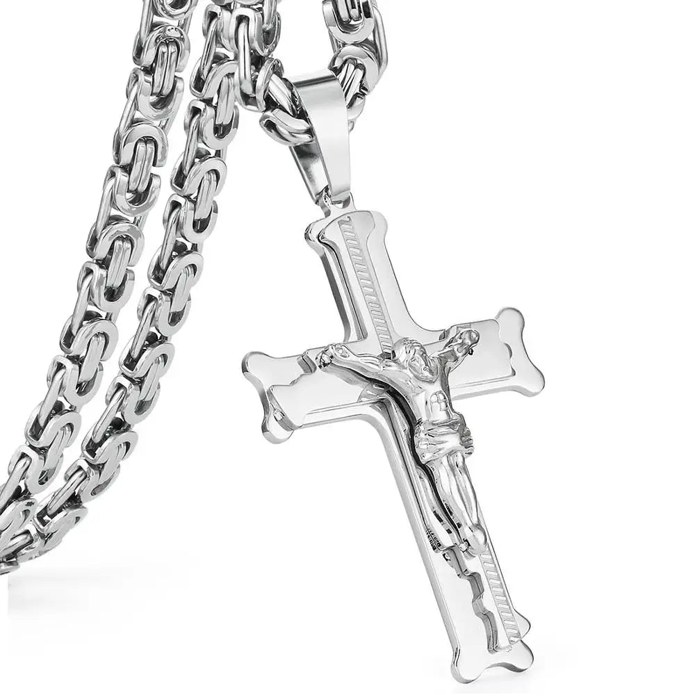Stainless Steel Christs Jesus Cross Pendant Necklace Link Byzantine Chain  Silver Color Necklaces for Men 21.65" 6mm MN50