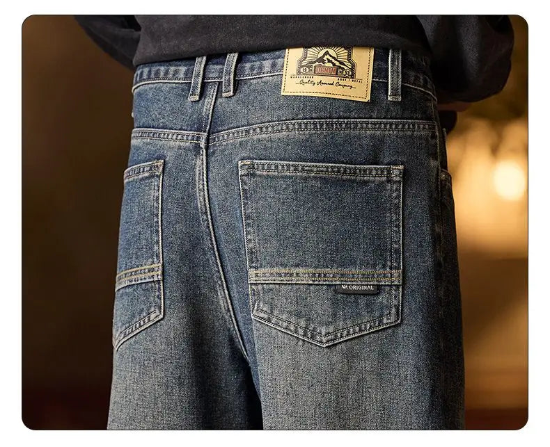 American Men's Y2K Retro Blue Denim Jeans Autumn Spring Relaxed Fit Korean Streetwear Casual Wide-leg Pants with Spliced Pockets