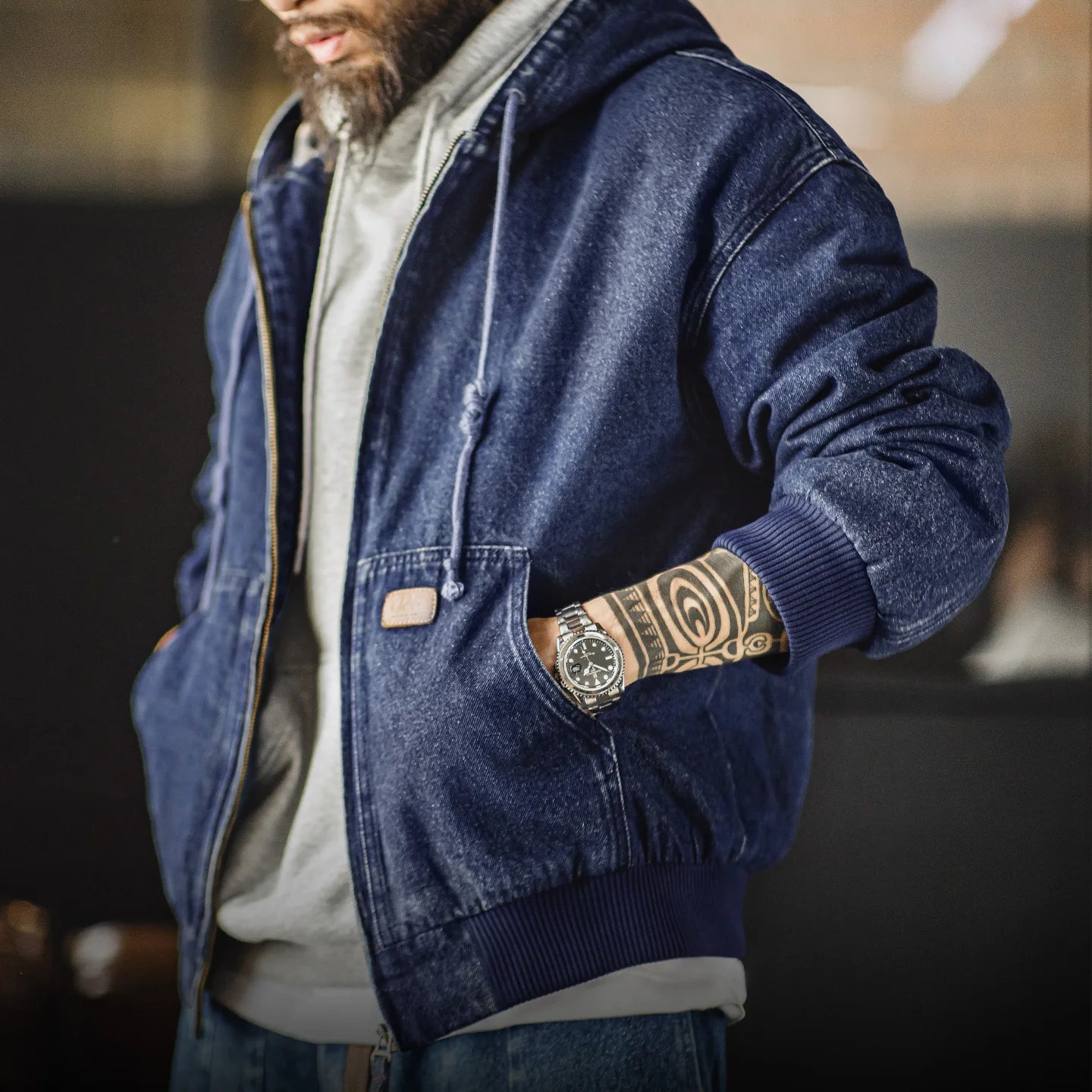 Maden Men's Retro J130 10.5oz Denim Jacket Heavyweight Washed Hooded Jacket Regular Fit Zip Workwear Coat with Pockets for Fall