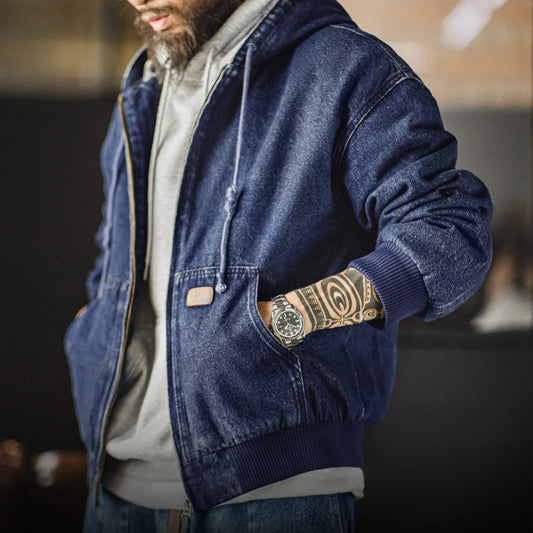 Maden Men's Retro J130 10.5oz Denim Jacket Heavyweight Washed Hooded Jacket Regular Fit Zip Workwear Coat with Pockets for Fall