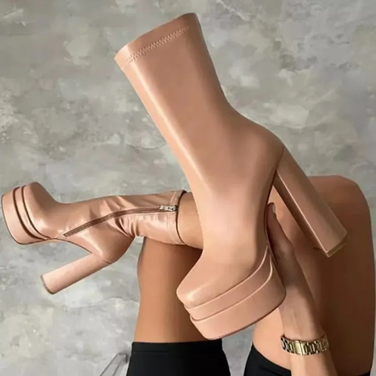 Luxury autumn/winter new double waterproof platform leather thick heel ankle boots women's large size high-heeled women's boots