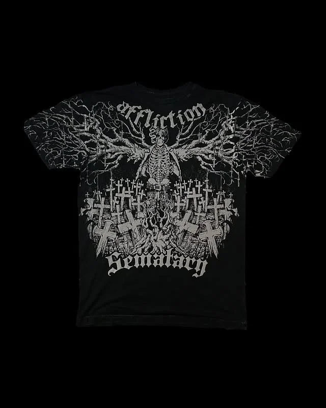 Affliction Men's Skull Graphic T-shirt Vintage American Style Distressed Print Rock Tee High Street Hip-Hop Cotton Couple Tops