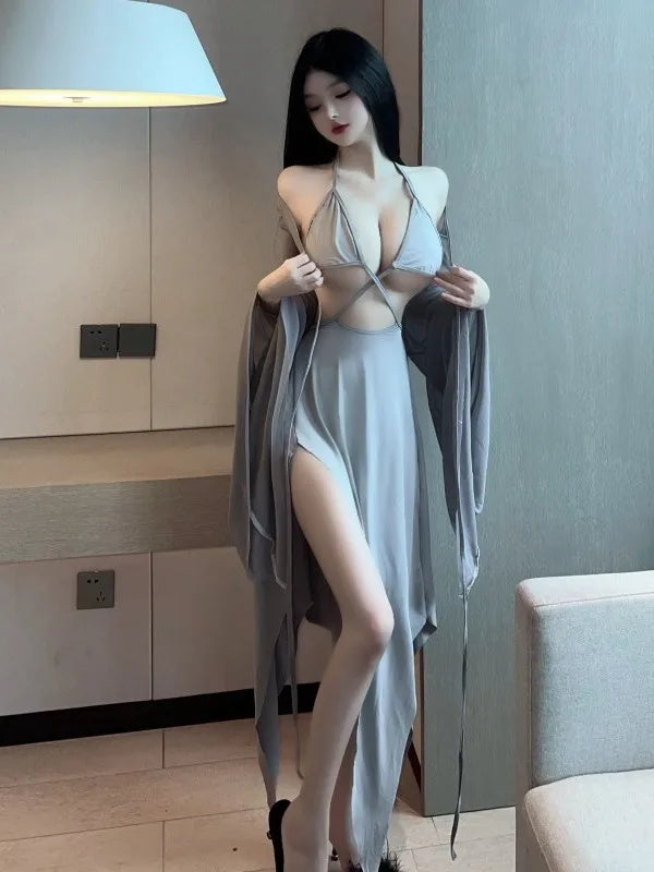 WOMENGAGA Gray Fairy Dress Robe Bandage V Neck Sexy Spicy Girl Beach Resort Long Dress Elegant Auutmn Fashion Women Tops Z8QN