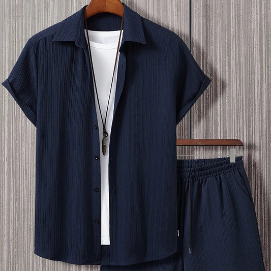 2025 Summer Men's Set Striped Jacquard Shirt Short Sleeve Button Collar Casual Shirt Fashionable Hot Selling Trendy Atmosphere