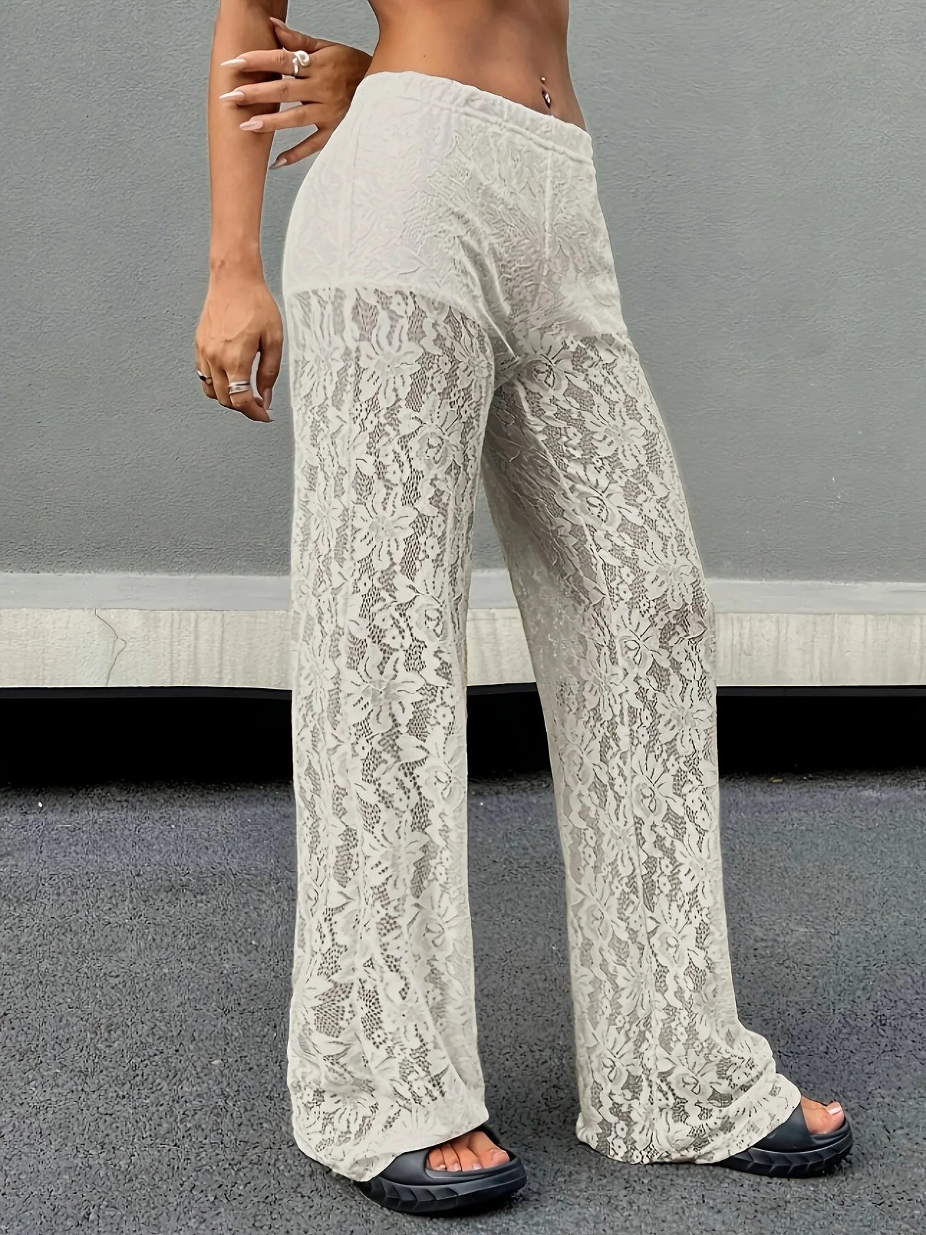 2025 New Fashionable and Sexy Versatile Waist Collection Lace Jacquard Micro Transparent Straight Leg Casual Pants Long Pants
