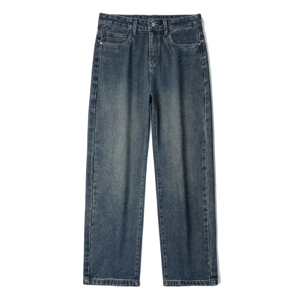 American Men's Y2K Retro Blue Denim Jeans Autumn Spring Relaxed Fit Korean Streetwear Casual Wide-leg Pants with Spliced Pockets