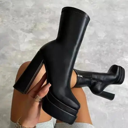 Luxury autumn/winter new double waterproof platform leather thick heel ankle boots women's large size high-heeled women's boots