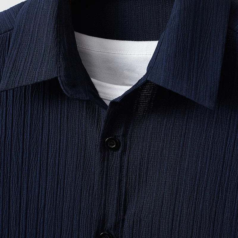 2025 Summer Men's Set Striped Jacquard Shirt Short Sleeve Button Collar Casual Shirt Fashionable Hot Selling Trendy Atmosphere