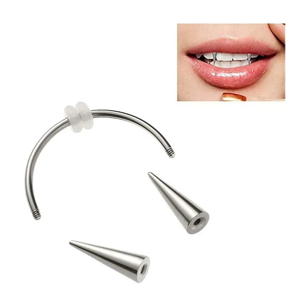 WKOUD 2 Pcs  Piercing Tiger Teeth Vampire  Stainless Steel Smile Lip Nail Jewelry Fangs Dracula Septum 3 Style