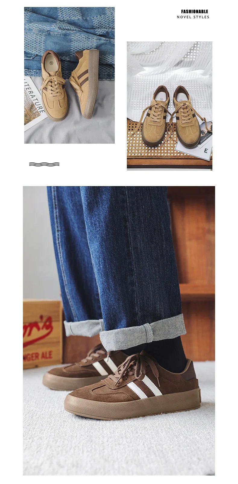 Vintage Brown Man Sneakers Suede Leather Men's Skateboard Shoes Comfort Lace-up Men Skate Sneakers Thick Sole Casual Board Shoes