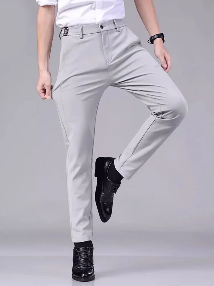 Men's casual pants, semi elastic waistband, nylon ice silk elastic straight tube, light gray, business gentleman, summer casual
