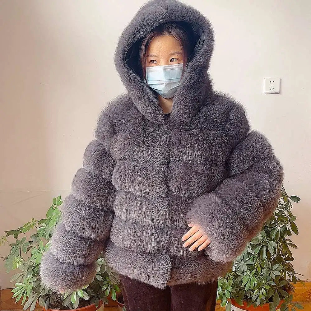 Fur Coat Women's Winter Coats Overcoat Female Fur Jackets For Women Long Sleeves Hood womans Real fur coats Real Fur Clothing