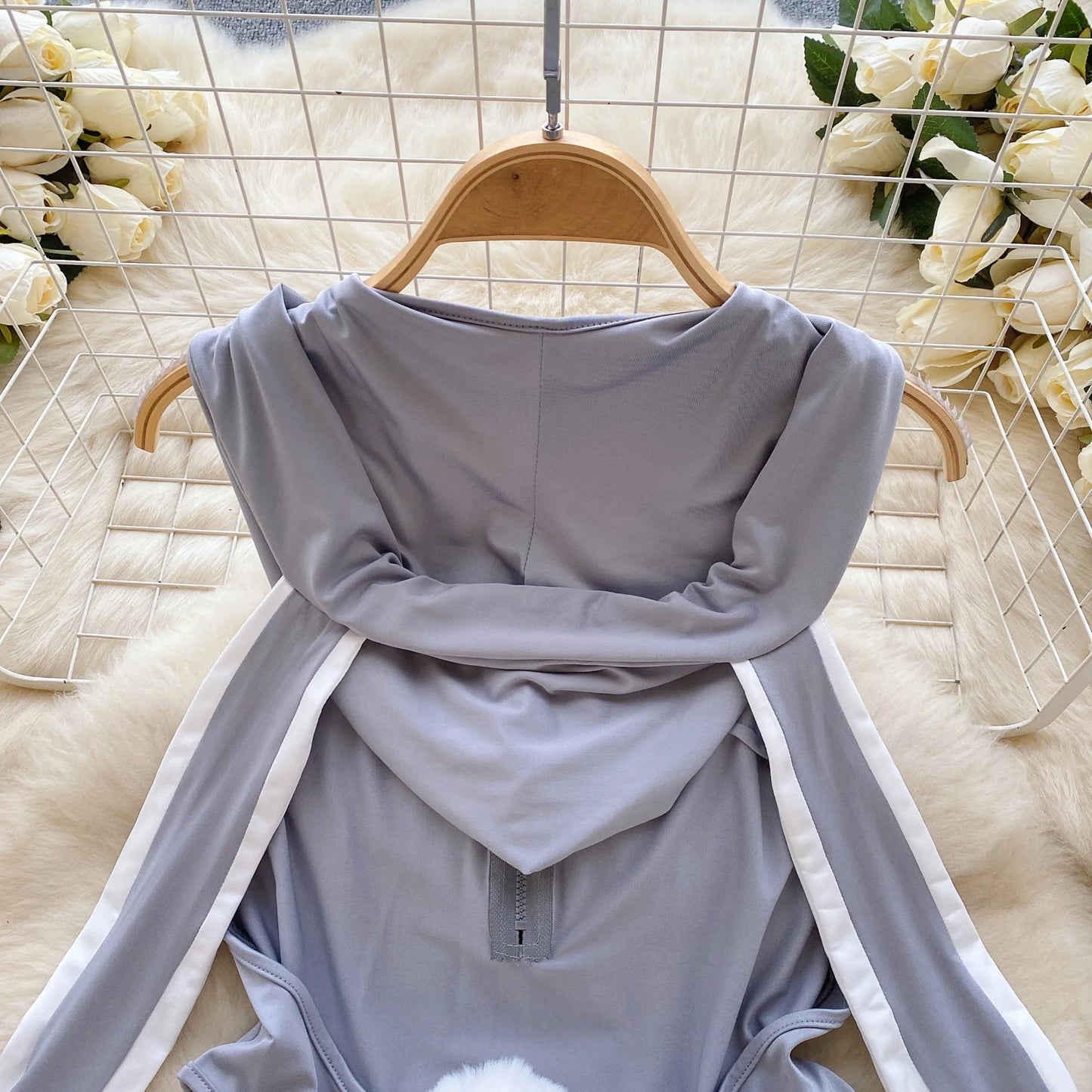 Cute Gray Rabbit Ear Hood Top Sexy Backless Slim Fit Bodysuit Zip Sleeveless Women Sexy Erotic Lingerie Bunny Cosplay Playsuit