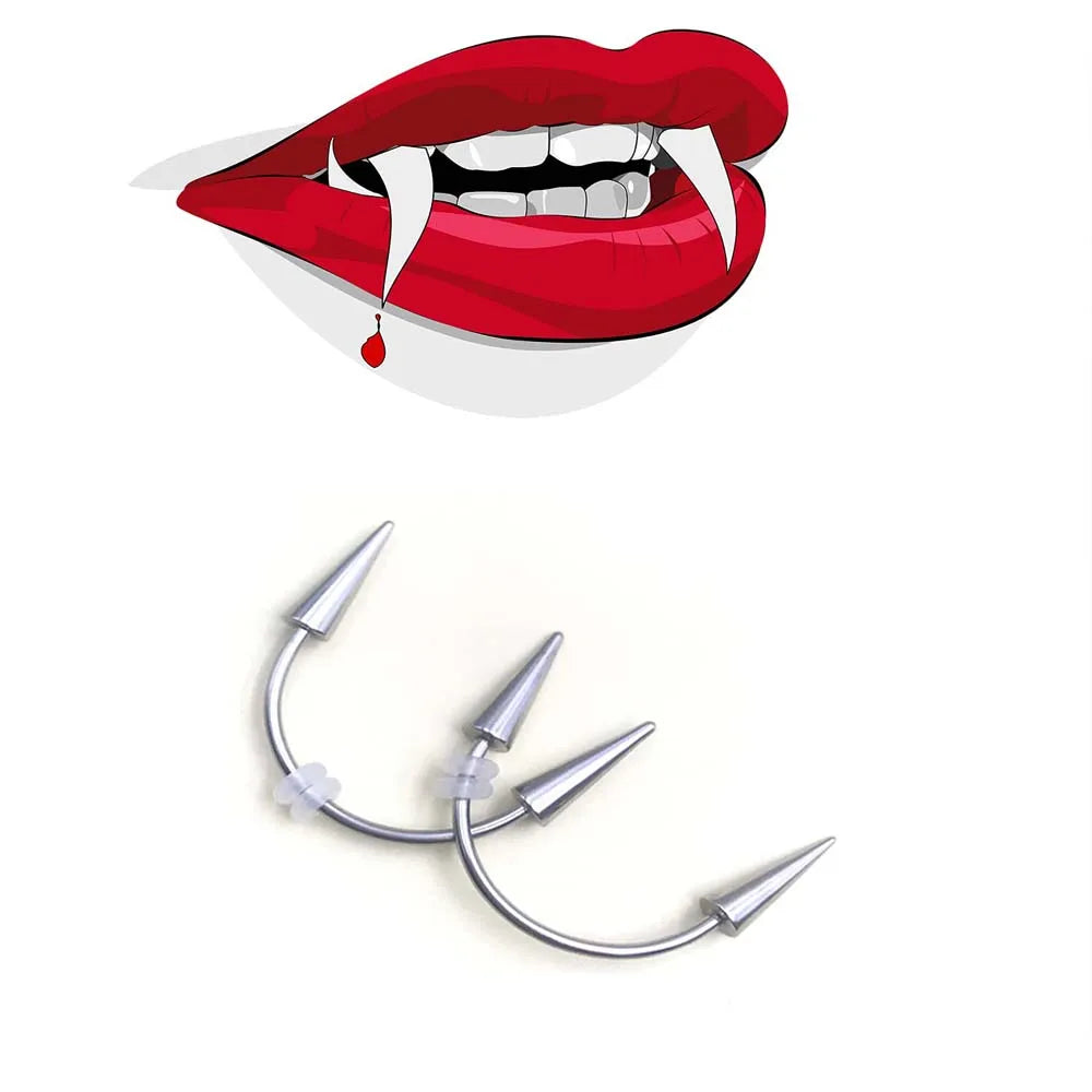 WKOUD 2 Pcs  Piercing Tiger Teeth Vampire  Stainless Steel Smile Lip Nail Jewelry Fangs Dracula Septum 3 Style