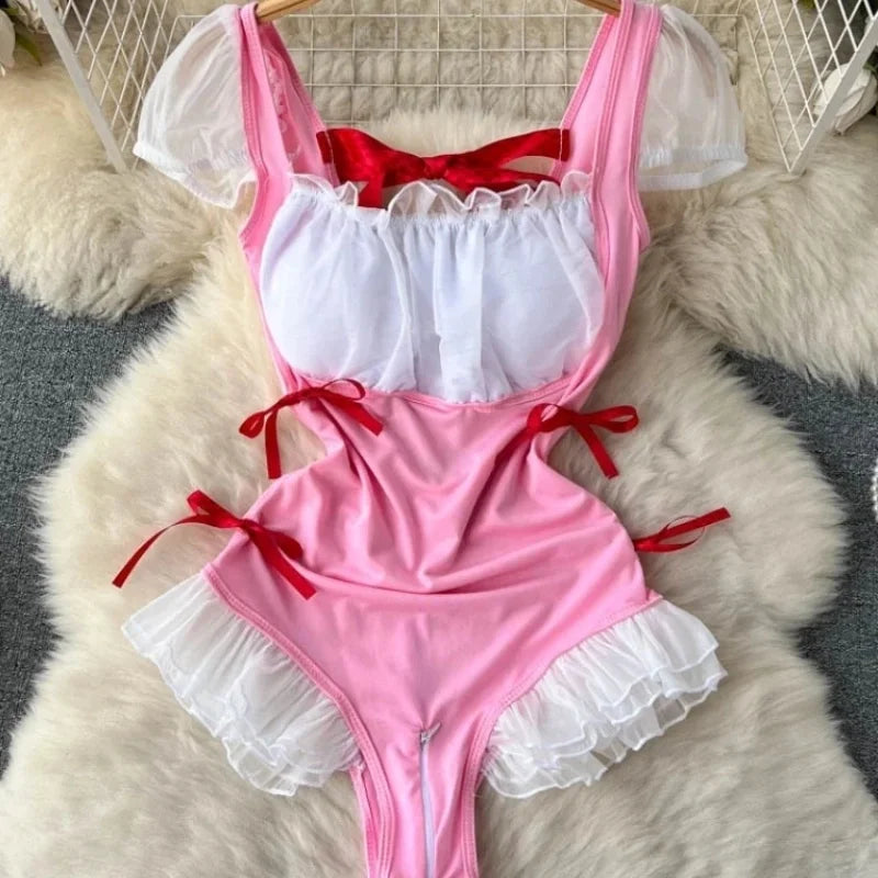 Cute Gray Rabbit Ear Hood Top Sexy Backless Slim Fit Bodysuit Zip Sleeveless Women Sexy Erotic Lingerie Bunny Cosplay Playsuit