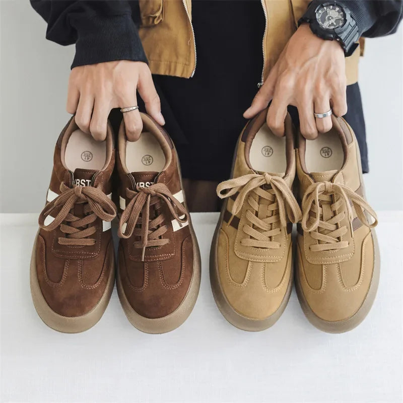 Vintage Brown Man Sneakers Suede Leather Men's Skateboard Shoes Comfort Lace-up Men Skate Sneakers Thick Sole Casual Board Shoes