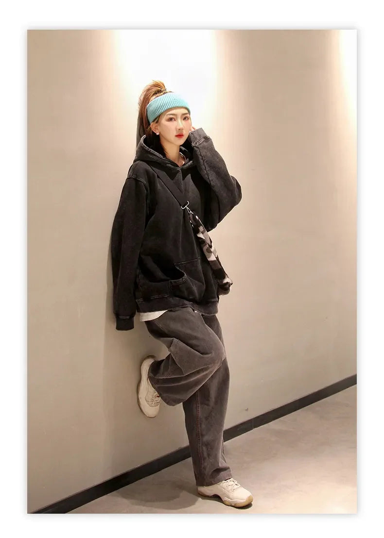 custom Wash Hoodies Men Women Vintage Black 100% Cotton Gothic Sweatshirts Casual Pullover Hip Hop Y2K Sportswear