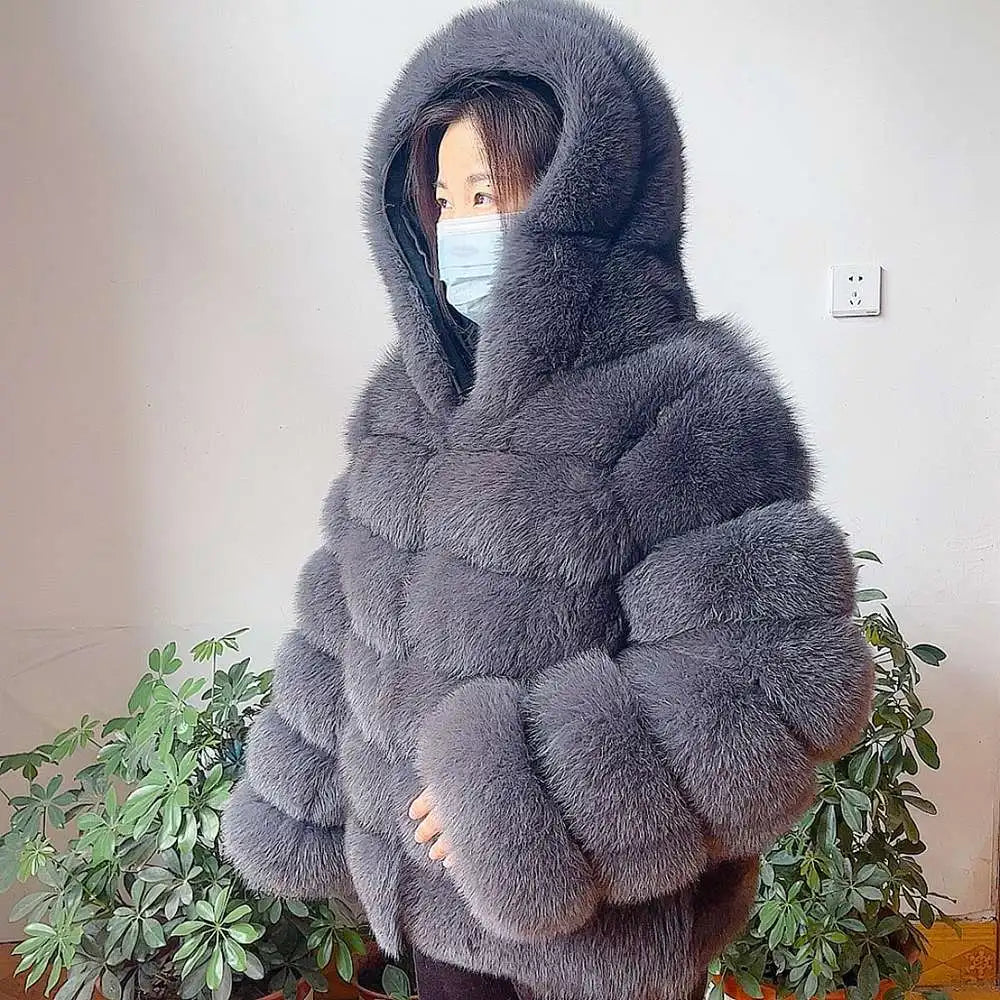 Fur Coat Women's Winter Coats Overcoat Female Fur Jackets For Women Long Sleeves Hood womans Real fur coats Real Fur Clothing