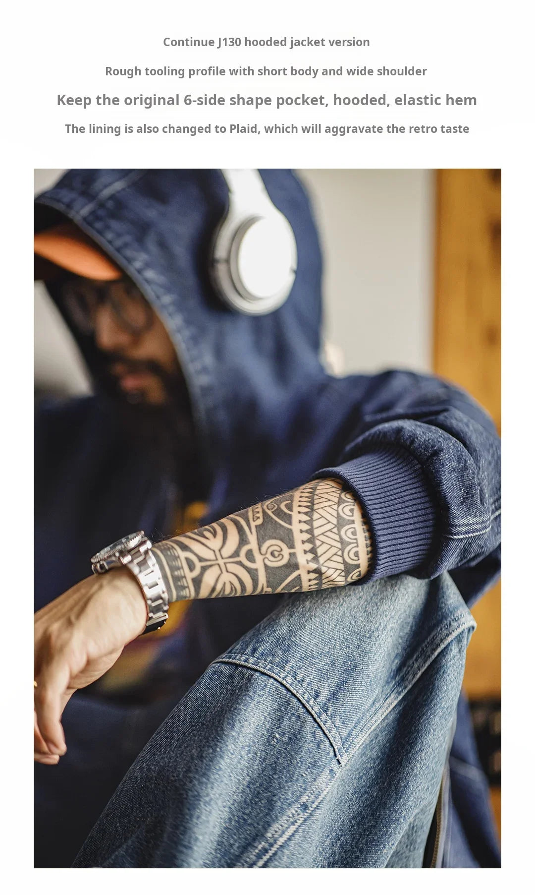 Maden Men's Retro J130 10.5oz Denim Jacket Heavyweight Washed Hooded Jacket Regular Fit Zip Workwear Coat with Pockets for Fall