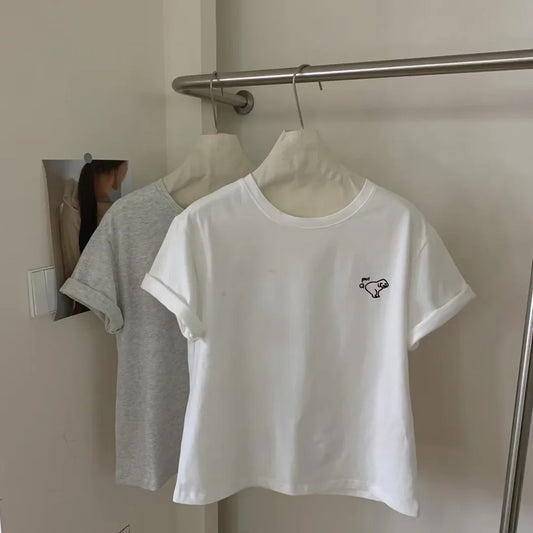 Summer New Korean Style Loose Casual round Neck Short Sleeve T-Shirt Women's White Top Embroidered Dog Pattern Cotton