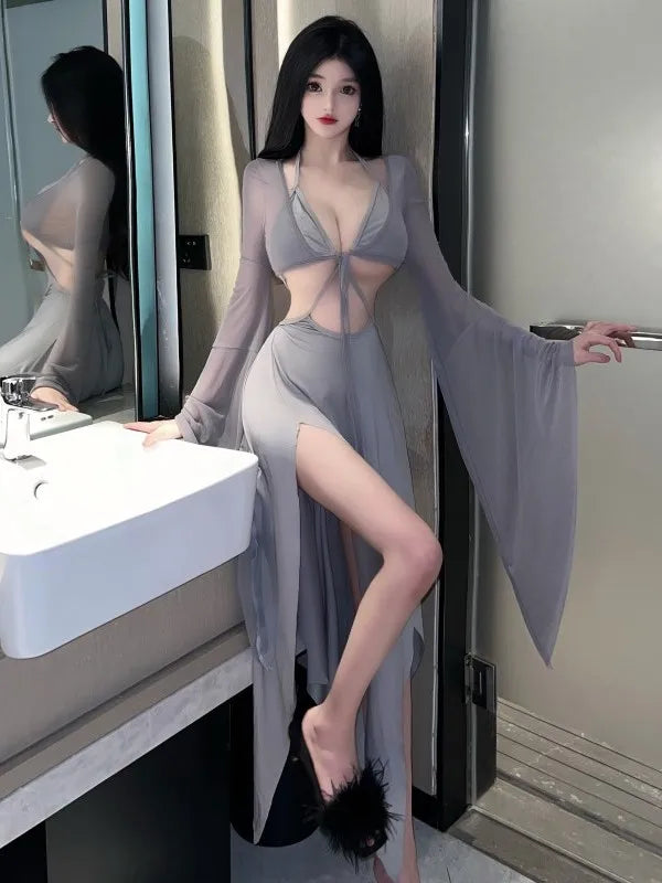 WOMENGAGA Gray Fairy Dress Robe Bandage V Neck Sexy Spicy Girl Beach Resort Long Dress Elegant Auutmn Fashion Women Tops Z8QN