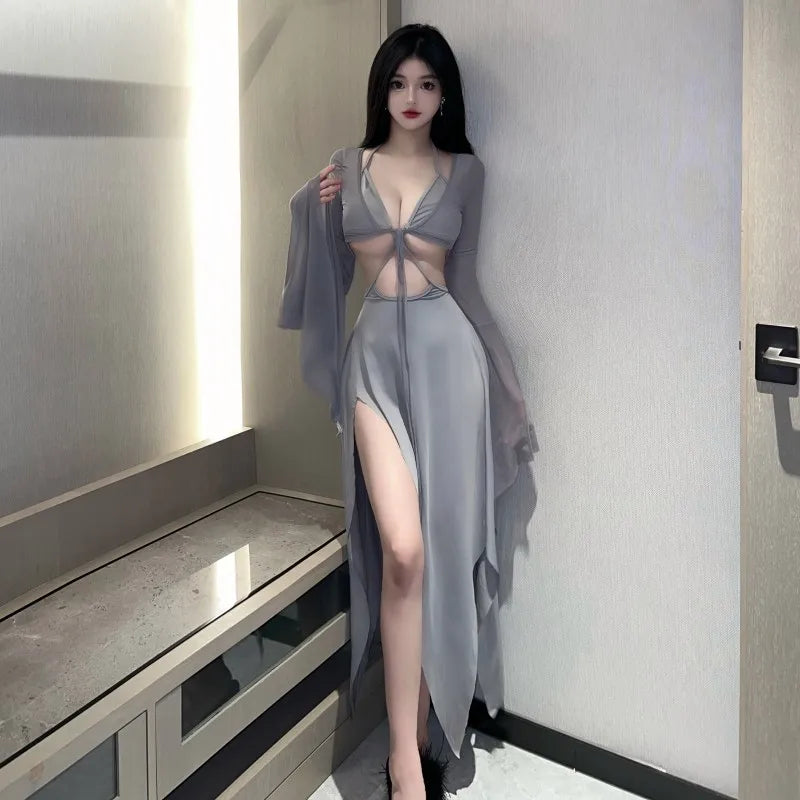 WOMENGAGA Gray Fairy Dress Robe Bandage V Neck Sexy Spicy Girl Beach Resort Long Dress Elegant Auutmn Fashion Women Tops Z8QN