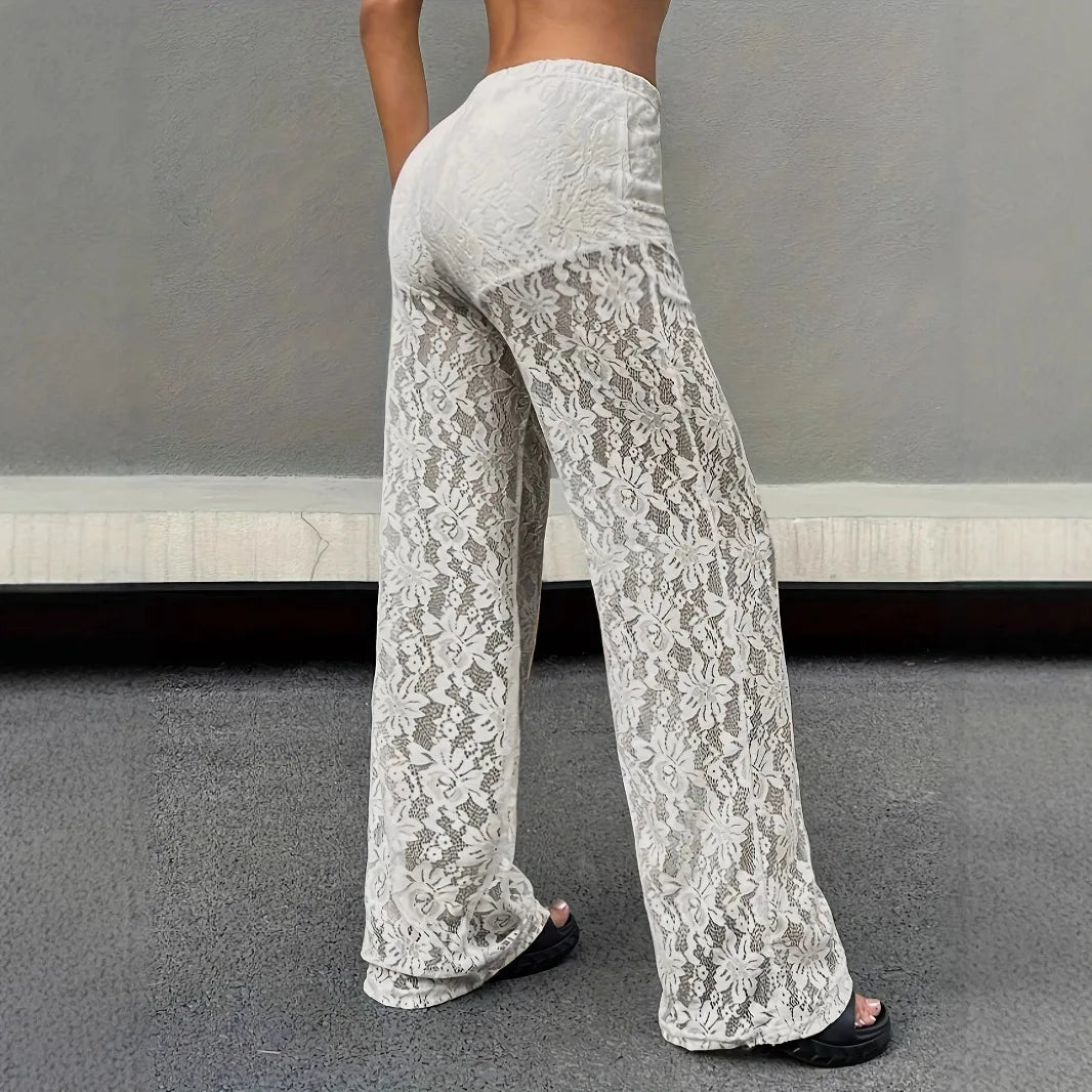 2025 New Fashionable and Sexy Versatile Waist Collection Lace Jacquard Micro Transparent Straight Leg Casual Pants Long Pants