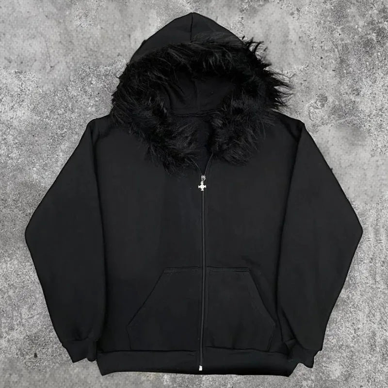 European and American style men's and women's Easter plush edge decorative jacket with cross wing pattern printed on it punk Y2K