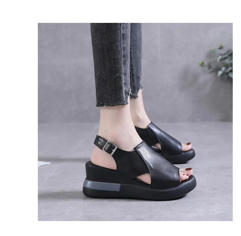 2023 Women's Platform Wedge Sandals New Summer High-heeled Fish Mouth Women's Shoes Soft Leather Heightened Platform Shoes