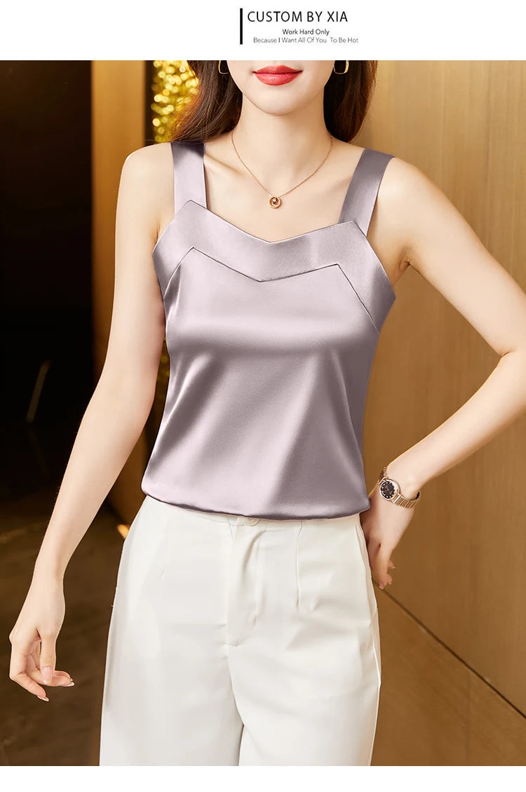 Woman T-shirts Elegant SILK Satin Blouse Sleeveless Female Summer 2025 Casual Loose Tanks and Camis Solid Green Tops for Women