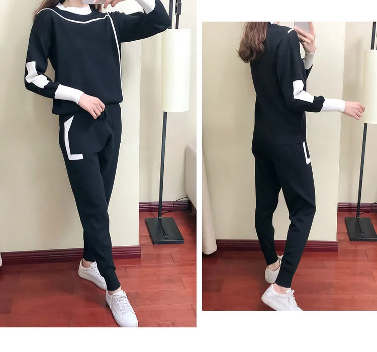 2025 Autumn Runway 2 Pieces Set Knitted Long Sleeve Pullovers Sweater Casual Patchwork Fashion Women Tops and Pants Suits Spring
