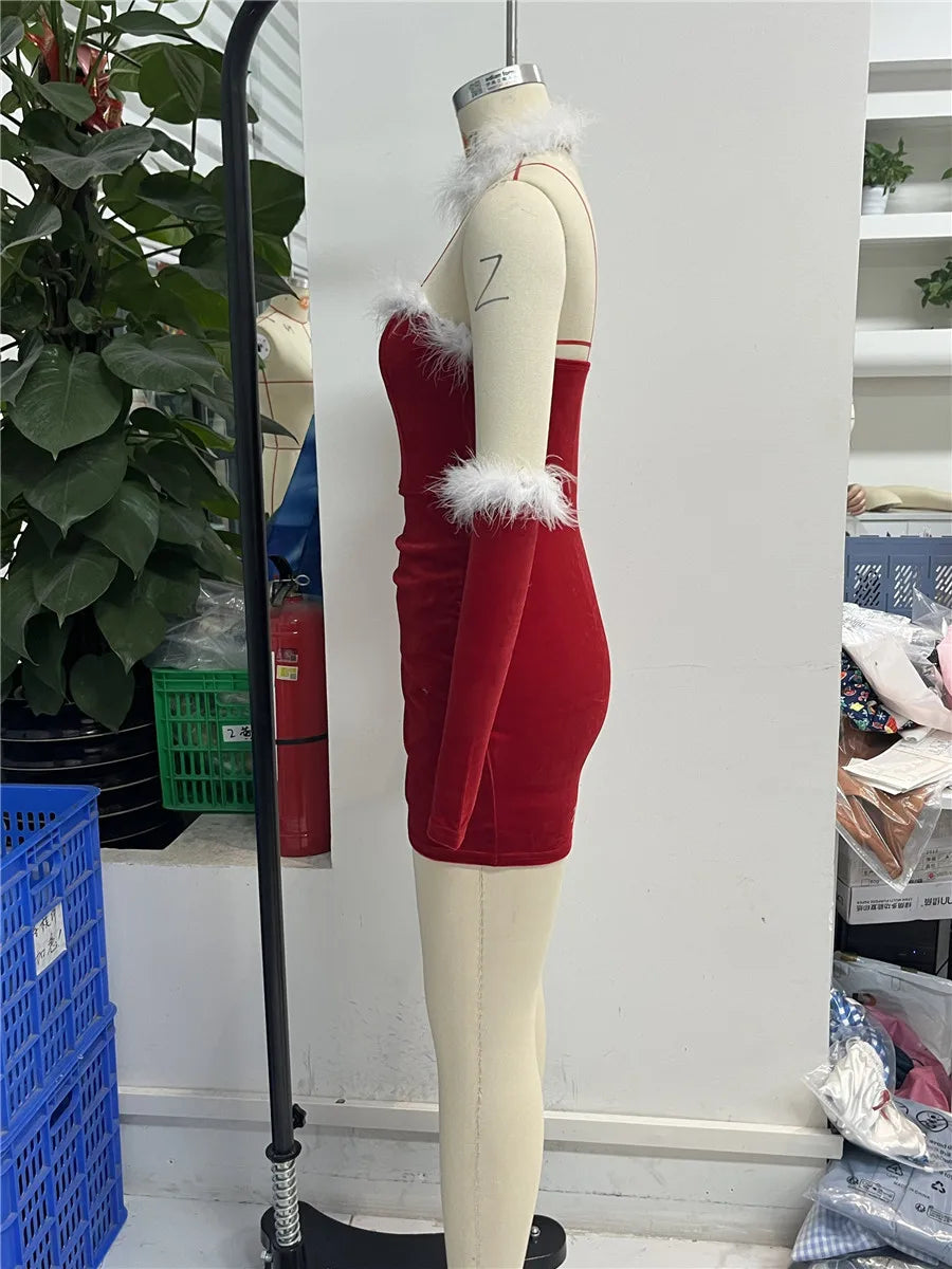 Women Christmas Red Lingerie Plush Patchwork Strapless Tube Dress Christmas Party Cosplay Costume with Arm Sleeve and Choker