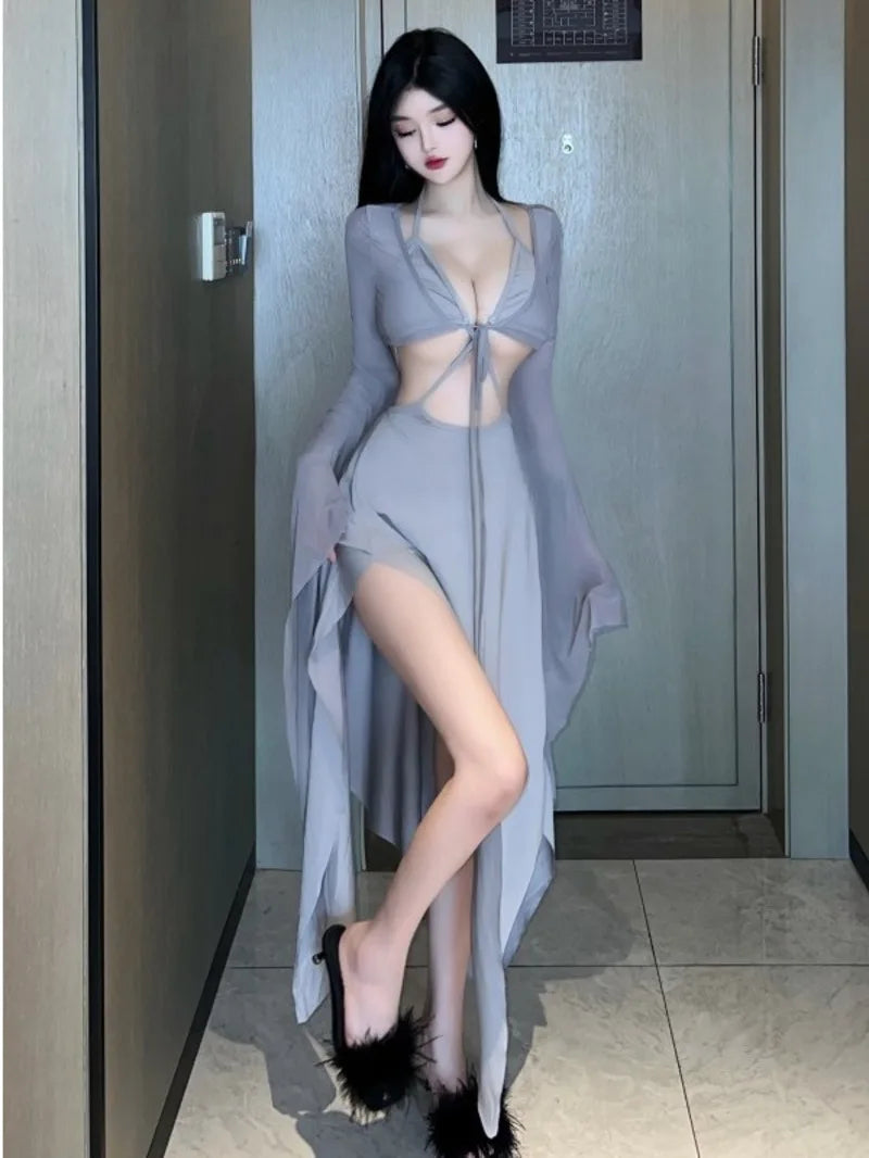 WOMENGAGA Gray Fairy Dress Robe Bandage V Neck Sexy Spicy Girl Beach Resort Long Dress Elegant Auutmn Fashion Women Tops Z8QN